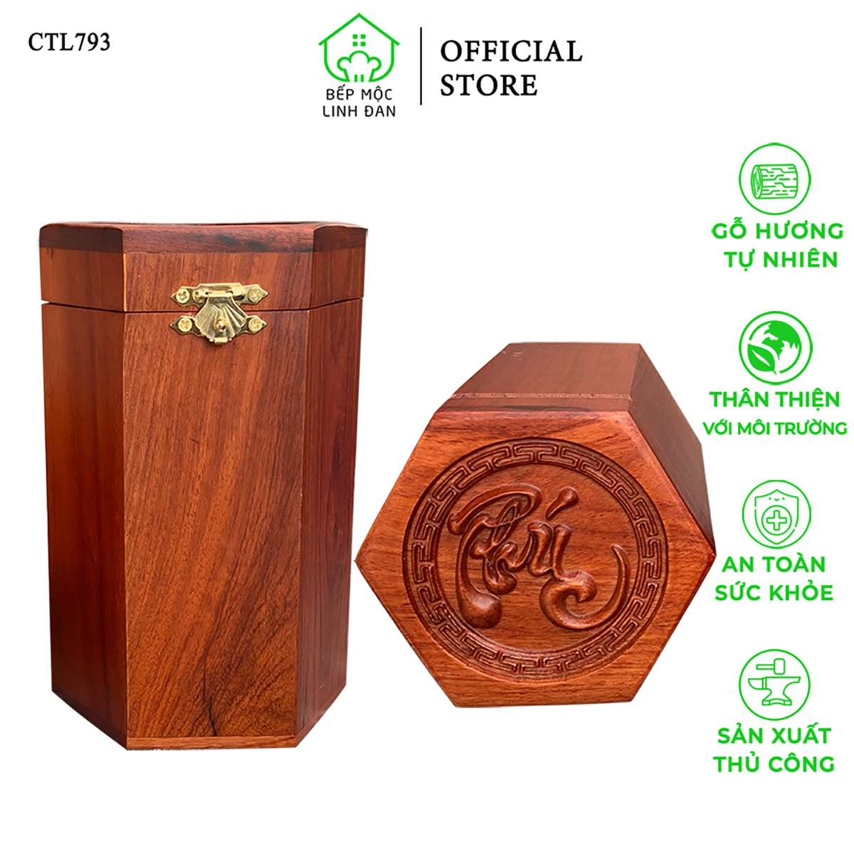 Hộp Đựng Chè Bằng Gỗ Hương HAHANCO Chạm Khắc Nổi Chữ Phúc