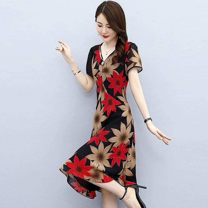Đầm váy nữ voan hoa trung niên dự tiệc dạo phố màu đỏ đen cao cấp