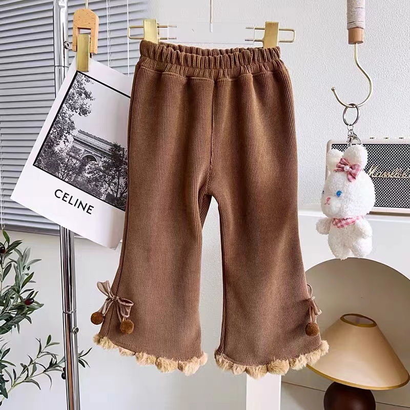 Quần nhung tăm bé gái lót nỉ ống loe 3-8 tuổi đính nơ lông viền gấu kiểu dáng thời trang dễ thương