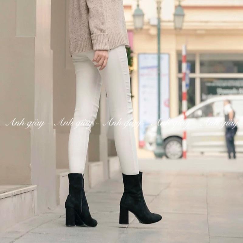 B13 - Bốt lửng mũi nhọn da lộn khoá cạnh gót trụ 8p có lót lông ( ảnh thật, kèm video)