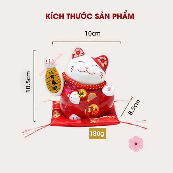 Tượng Mèo Thần Tài Gốm Men Có Chuông Để Bàn 10cm Kèm Đệm Đỏ