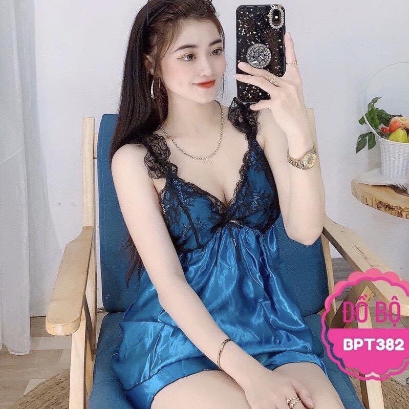 Đồ ngủ sexy nữ Đồ ngủ 2 dây viền ren đen không mút, chất phi mịn quyến rũ 382