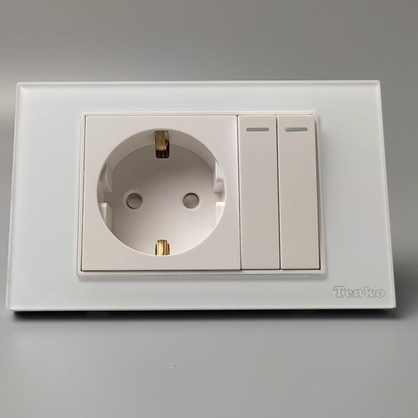 Ổ Cắm Chuẩn ĐỨC kèm 2 Công tắc ĐÈN mặt Kính Cường Lực TENKO Thương Hiệu Nhật TK-C18-060