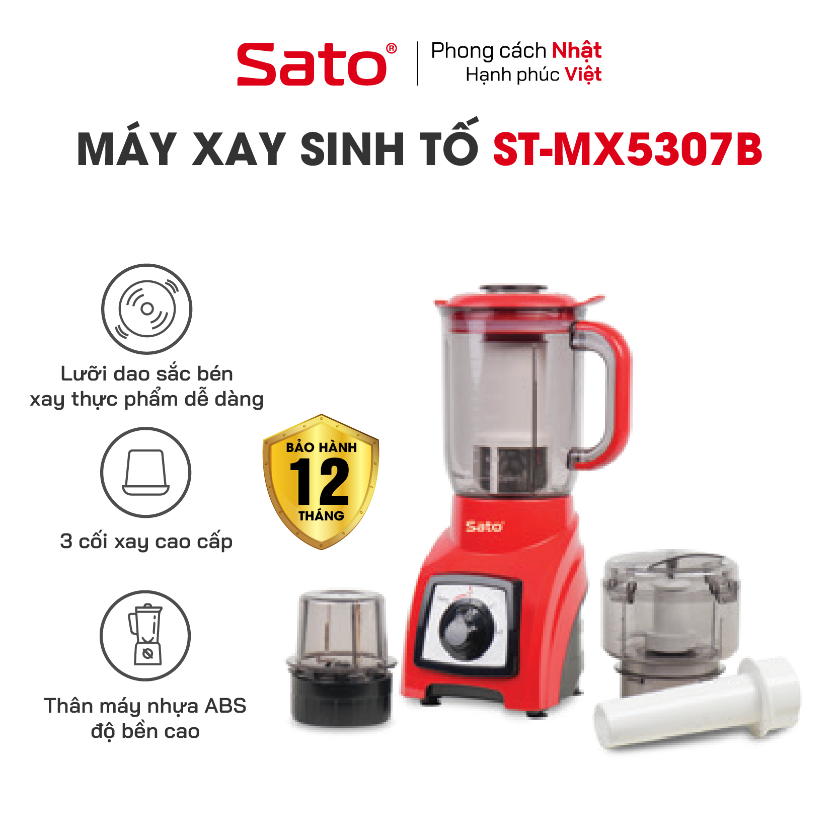 Máy xay sinh tố đa năng SATO MX5307B - Máy xay gồm 03 cối: Cối xay sinh tố, cối xay thịt & cối nhỏ. Mô tơ điện được quấn dây 100% đồng nguyên chất có độ bền cao - Miễn phí vận chuyển toàn quốc - Hàng chính hãng