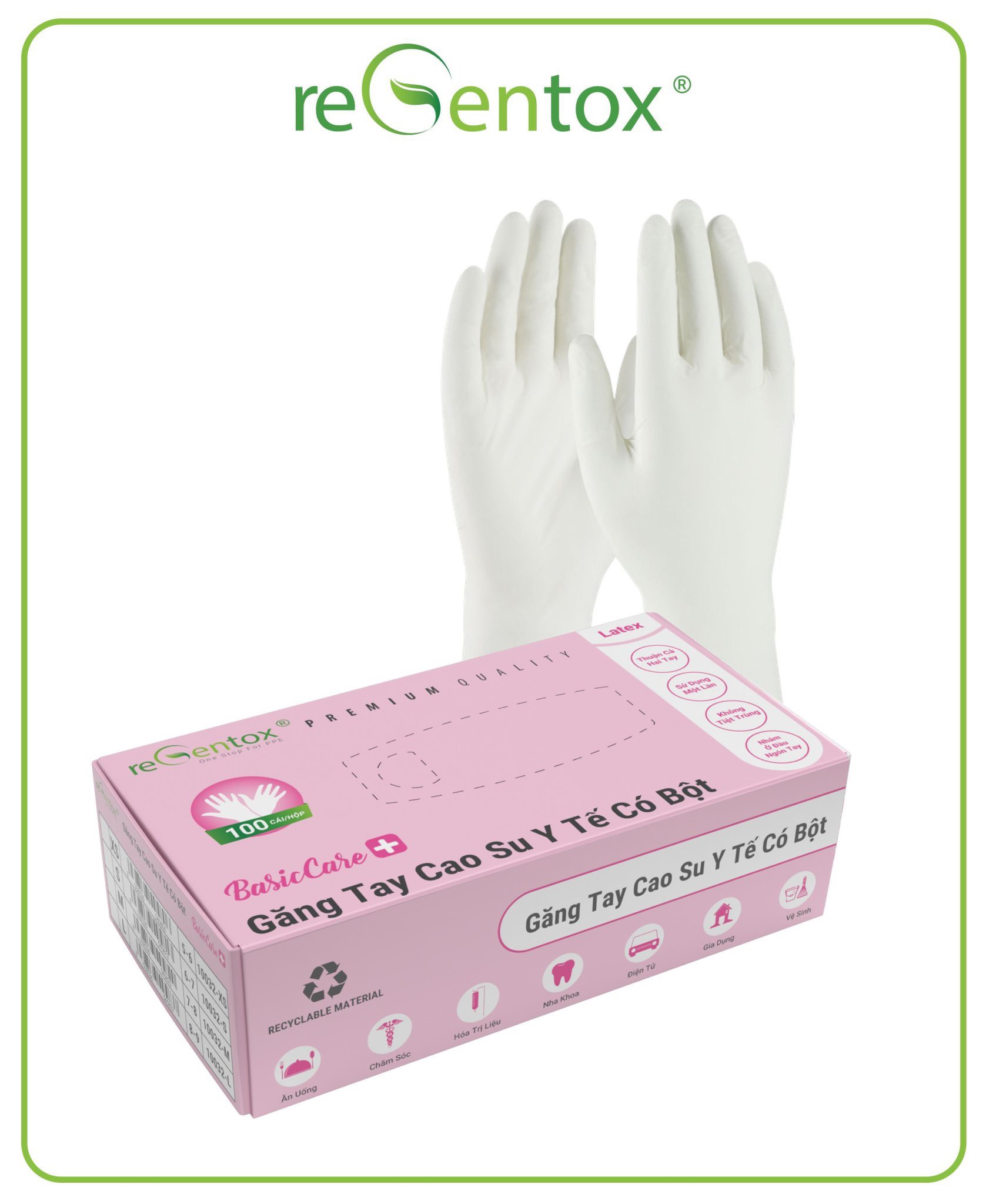 Găng tay y tế Latex reGentox có bột Basic Care 240mm hộp 100 cái. Size S, M, L