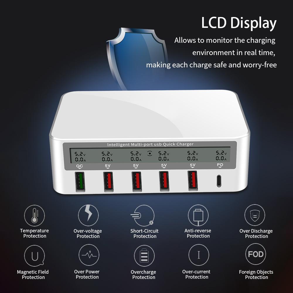818 sạc nhanh USB thích ứng màn hình LCD Sạc nhanh Cổng QC 3.0 Type-C Đầu cắm EU
