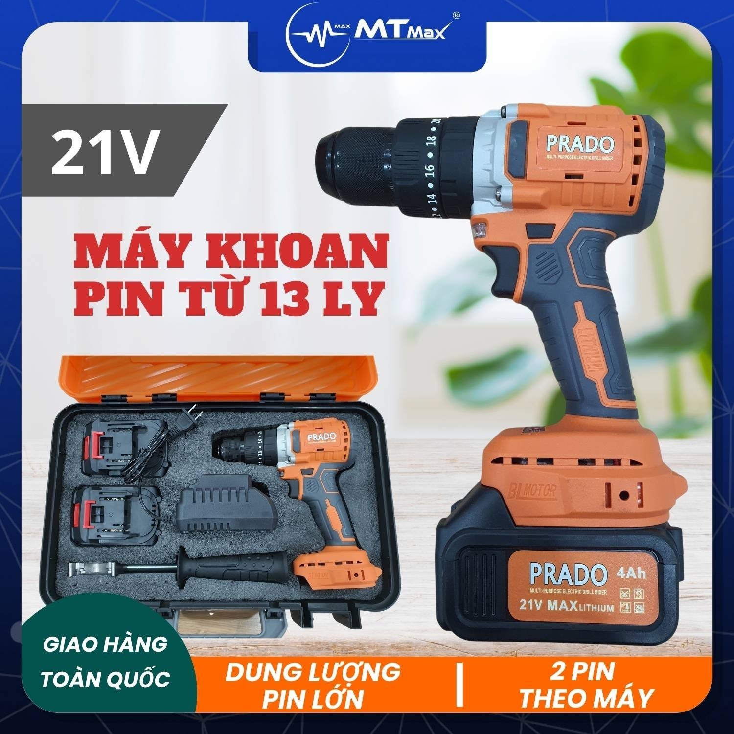 Máy Khoan Pin Từ 13 Ly Prado – Dùng Pin Lithium 21V, Kèm 2 Pin Theo Máy-Với động cơ mạnh mẽ và thiết kế nhỏ gọn