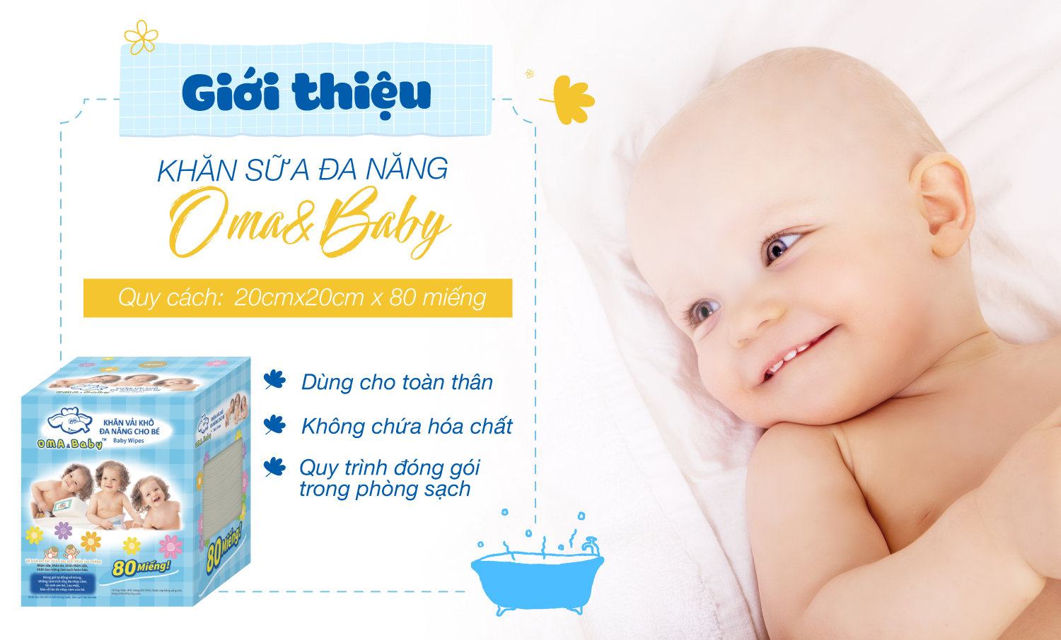 Khăn vải khô đa năng cho bé Oma Baby ( 1 Hộp/ 80 Miếng) - Oma & Baby Premium Baby Dry Multi-Functional Cloths ( 80 cloths per box)