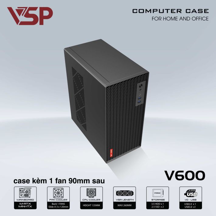 VỎ CASE MÁY TÍNH V600 ( USB 3.0, SPCC 0.8MM, KÈM 1 FAN 9CM )- ĐEN - HT - HÀNG CHÍNH HÃNG