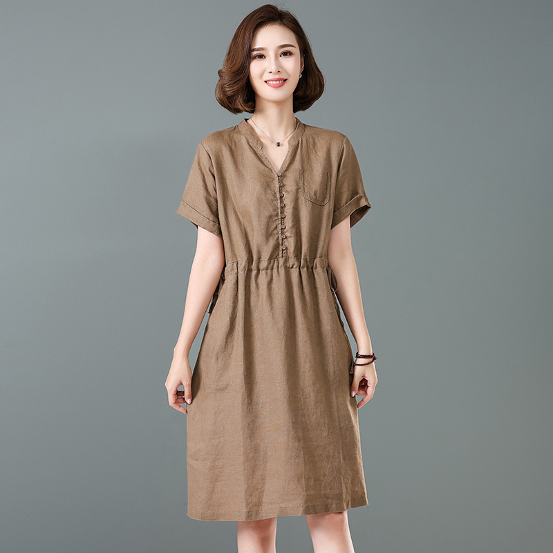 Váy sơ mi cổ V cộc tay dáng dài, Váy linen cao cấp che khuyết điểm tôn dáng Haint Boutique Da172