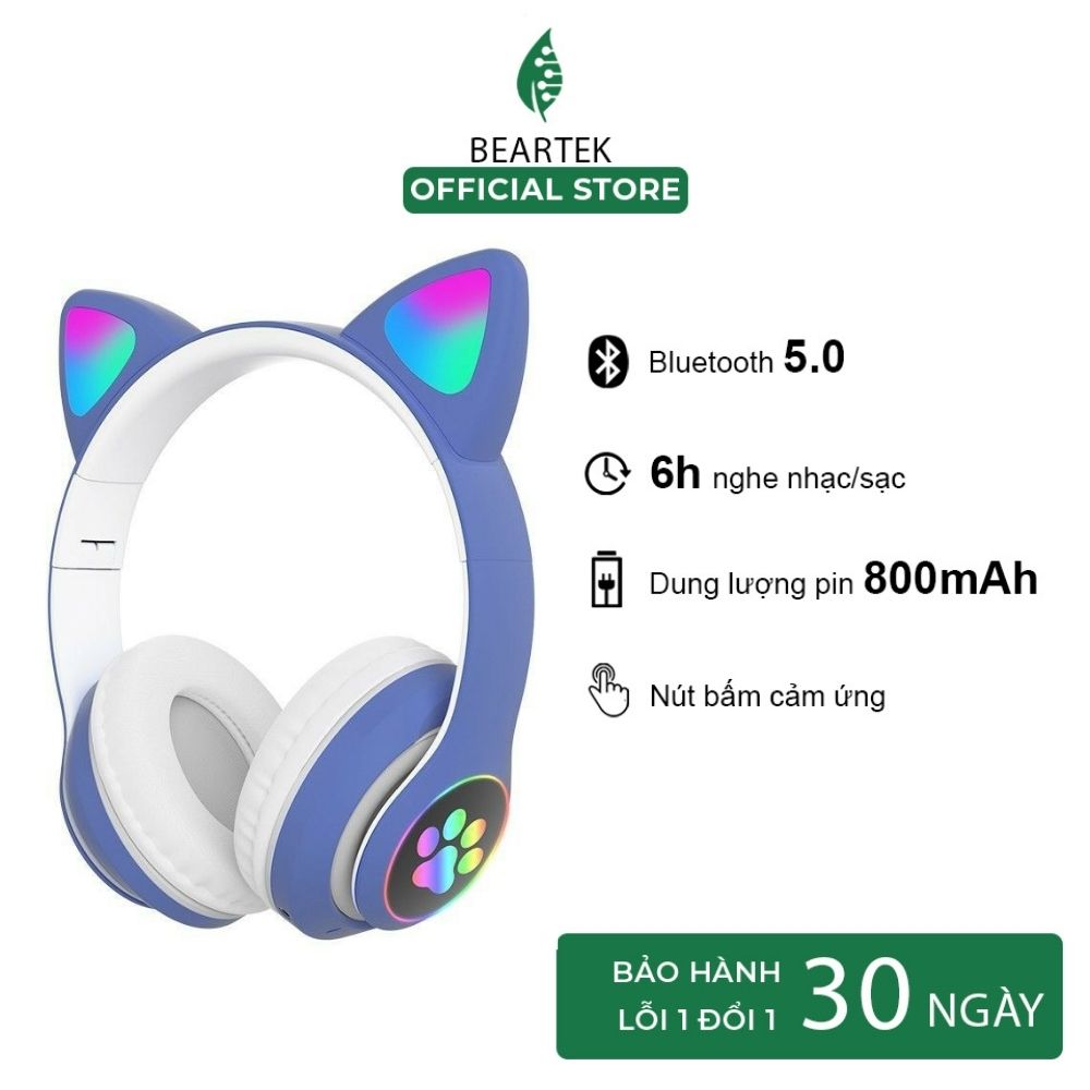 Tai Nghe Mèo Bluetooth BEARTEK Chụp Tai HP000028 Headphone Tai Mèo Dễ Thương Có Mic Âm Bass Mạnh Mẽ Bảo – Hàng Chính Hãng