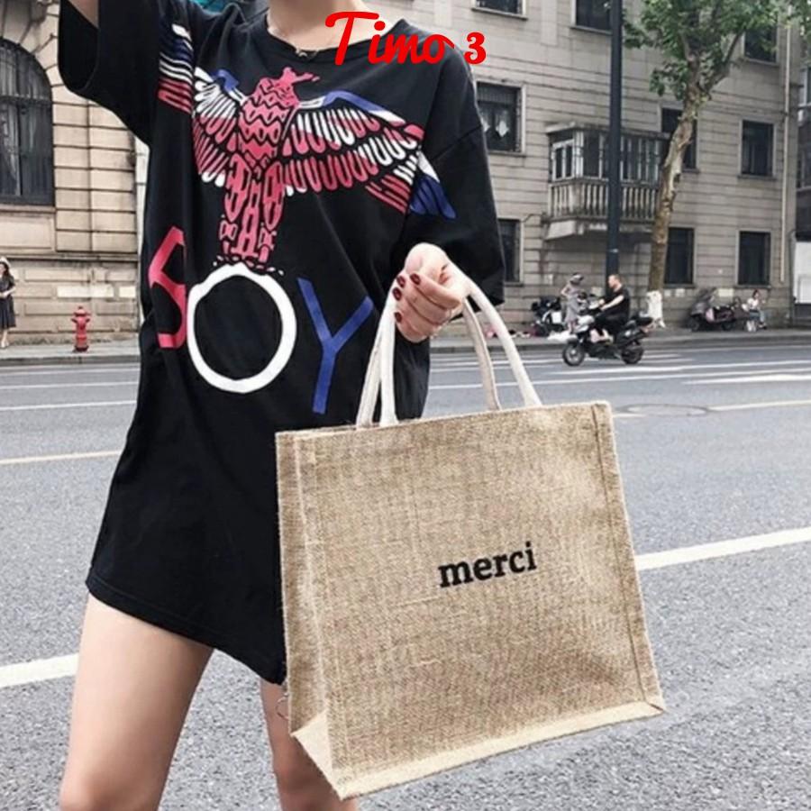 Túi Cói Merci Phong Cách Vintage Hot Trend 2021- Hai Lớp Có Khuy Bấm Thiết Kế Đơn Giản Sang Trọng