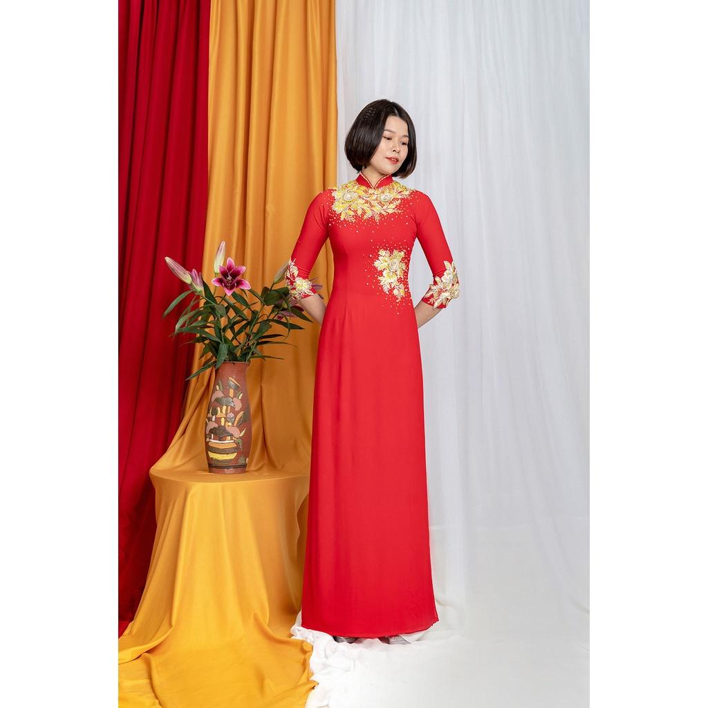 Áo dài đẹp màu đỏ chất liệu lụa kết hoa thủ công tay lỡ | Áo dài Trung Đồng