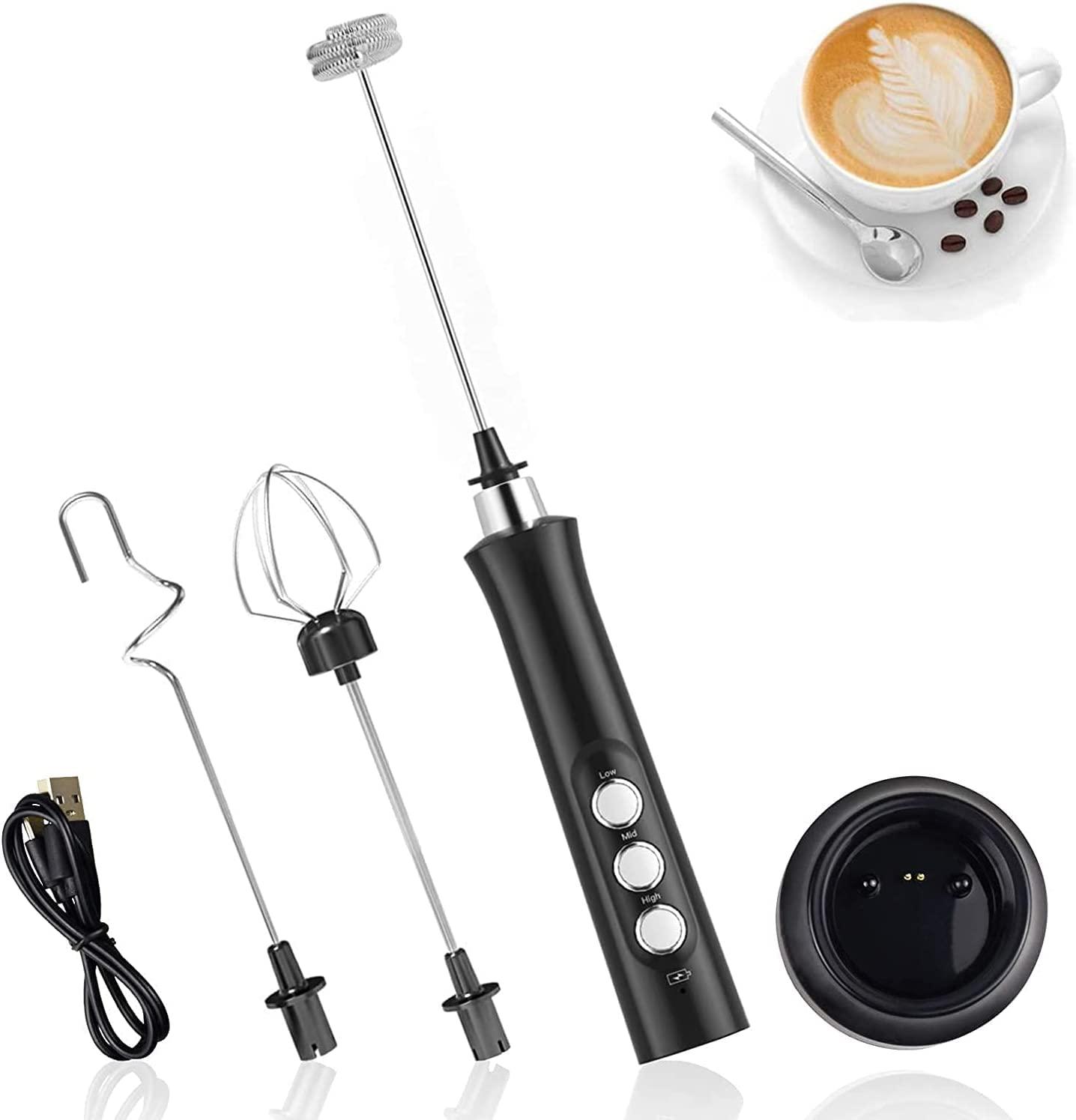 Mousseur sữa điện, 3 trong 1 USB có thể sạc lại, 3 tốc độ điều chỉnh với 3 đầu máy khuấy bằng thép không gỉ, cappuccino, trứng đánh, cà phê