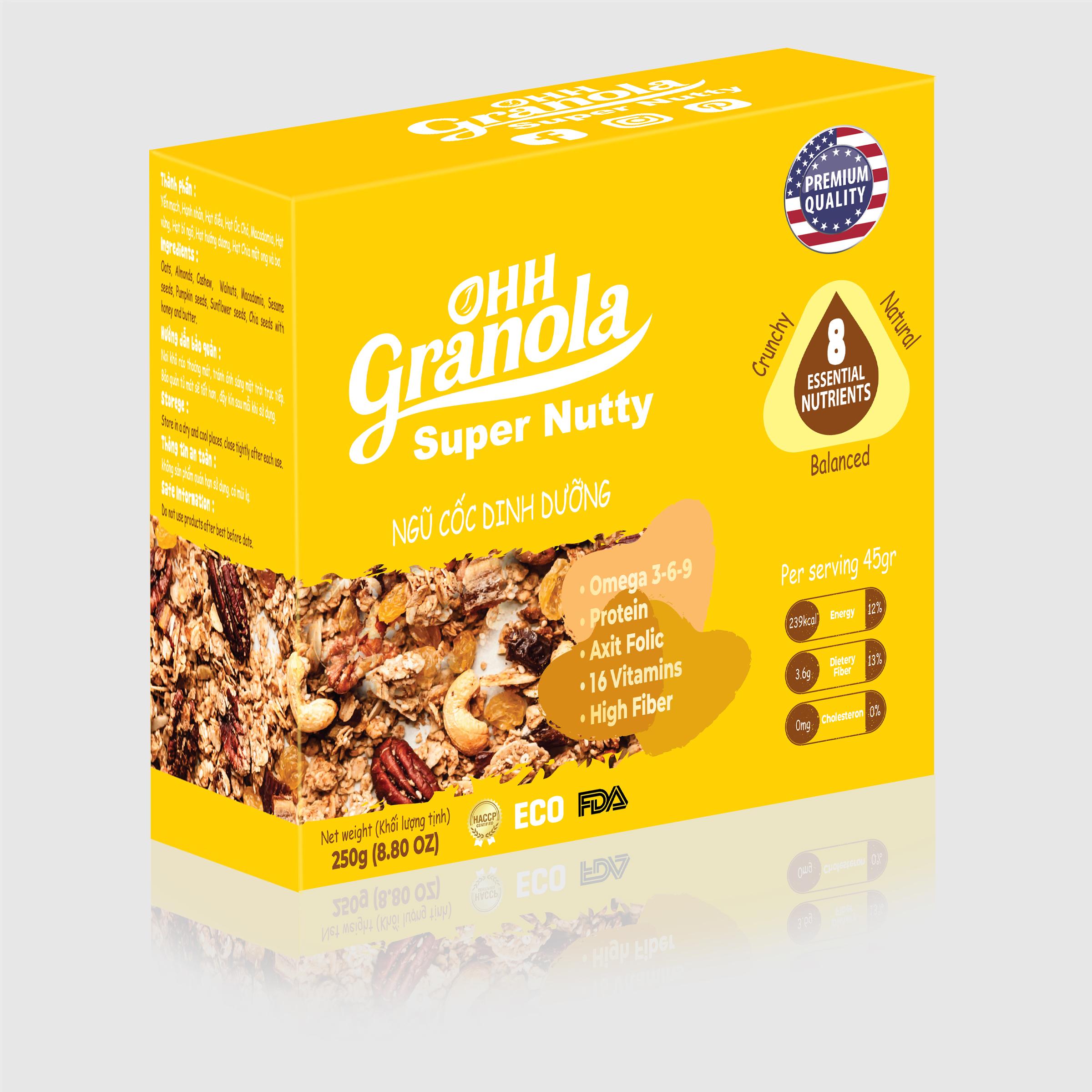 Snack Ăn Liền - Ngũ Cốc  Hạt Siêu Dinh Dưỡng Dòng Super Nutty (Ohh Granola) 250g, Phối Trộn 7 Loại Hạt Cao Cấp Theo Tiêu Chuẩn FDA - Hoa Kỳ