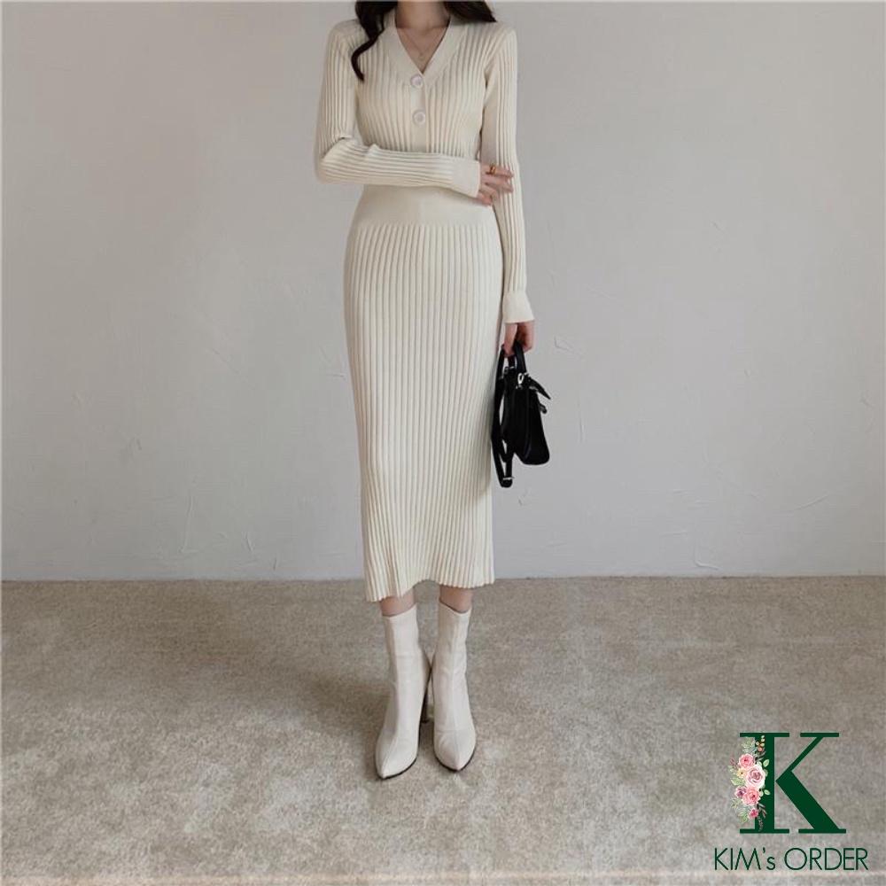 Đầm len nữ Body dáng dài cổ chữ V cài cúc màu đen màu be trắng váy len dự tiệc dài tay ôm sát sành điệu cá tính