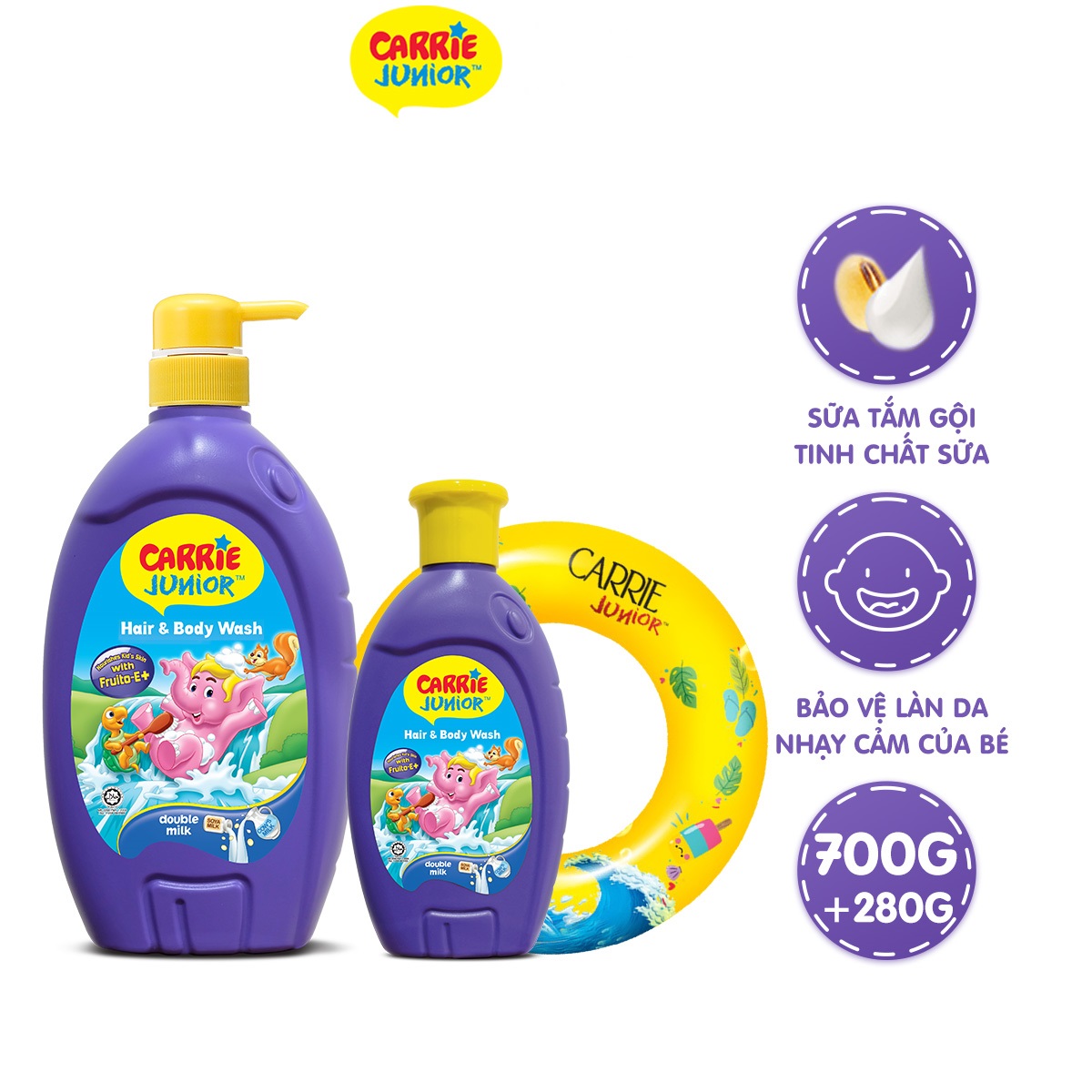 Combo Sữa Tắm Gội cho bé Carrie Junior Tinh Chất Sữa 700g + 280g - Tặng phao bơi