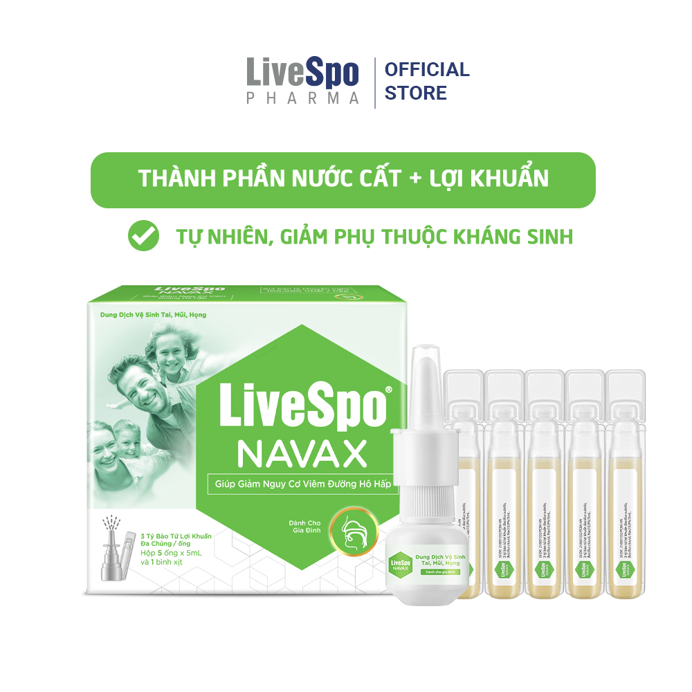 Combo Hộp nước muối sinh lý bào tử lợi khuẩn LiveSpo Navax Family - Dành cho gia đình 5 ống x 5ml + Hộp nước muối sinh lý bào tử lợi khuẩn Livespo Navax chuyên dụng - vệ sinh, phòng ngừa viêm nhiễm tai mũi họng 4 ống x 5ml