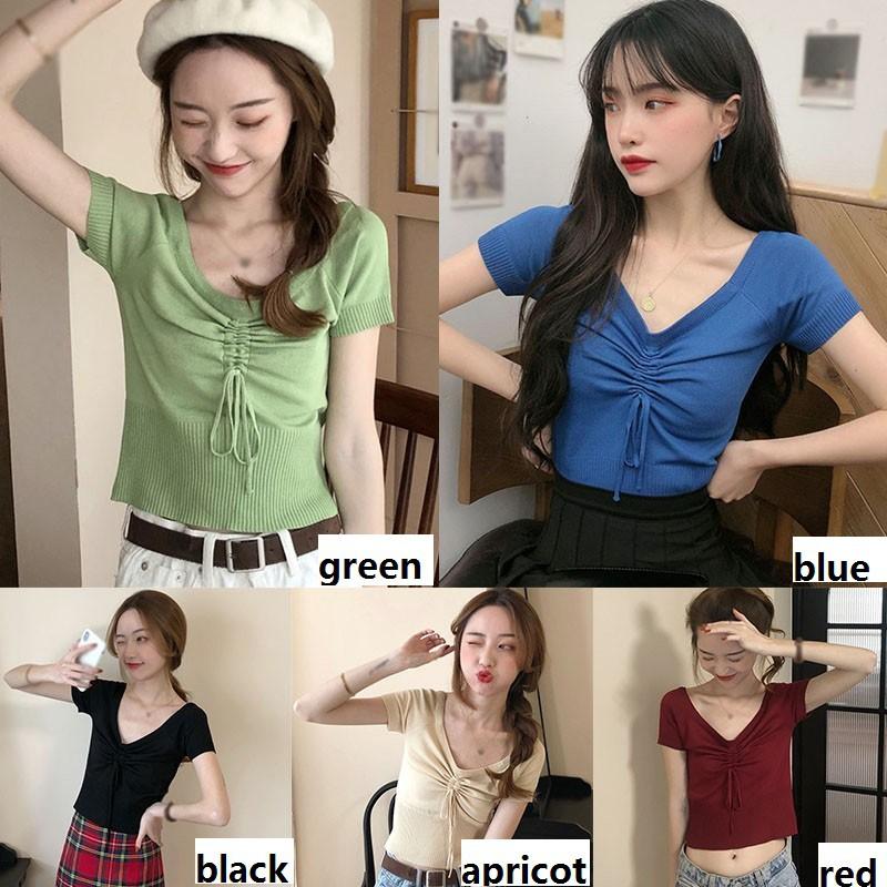 Áo Thun Dệt Kim Tay Ngắn Cổ Chữ V Thời Trang Cho Nữ