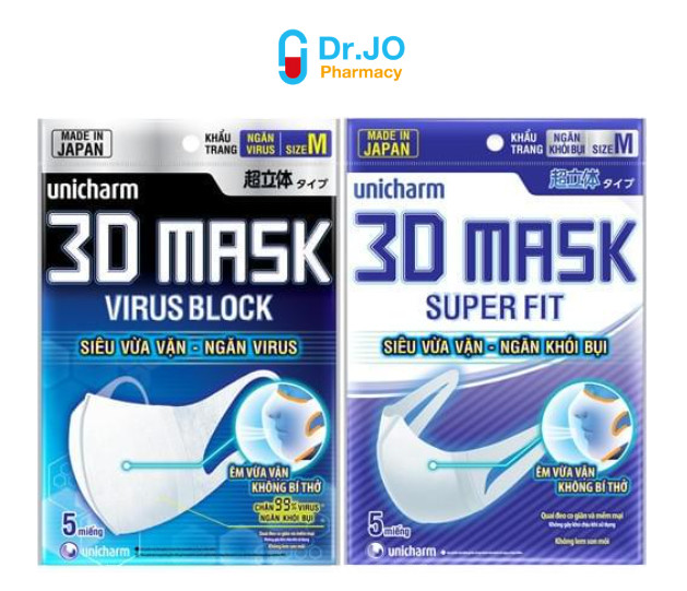 Khẩu trang 3D Mask Super Fit Unicharm size M siêu thoáng hỗ trợ ngăn bụi khói (5 cái)