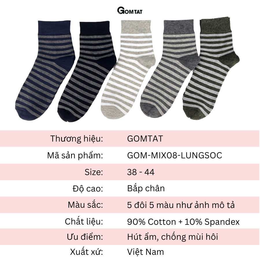 Tất vớ nam cổ trung GOMTAT cao cấp mẫu sọc ngang, chất liệu cotton mềm mại, hút ẩm, thoáng khí - GOM-MIX08-1DOI