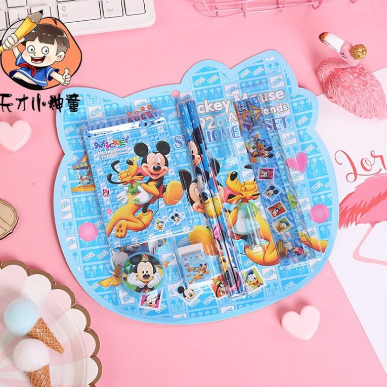 Combo 100 Bộ Bút chì, thước kẻ, gọt bút, tẩy chì,sổ ghi chú xinh xắn hình dáng người nhện doremon mickey elsa c