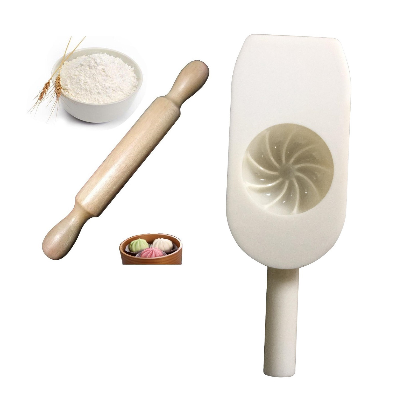 Combo 1 Dụng Cụ Cán Bột Gỗ Và 1 Khuôn Làm Bánh Bao 8cm