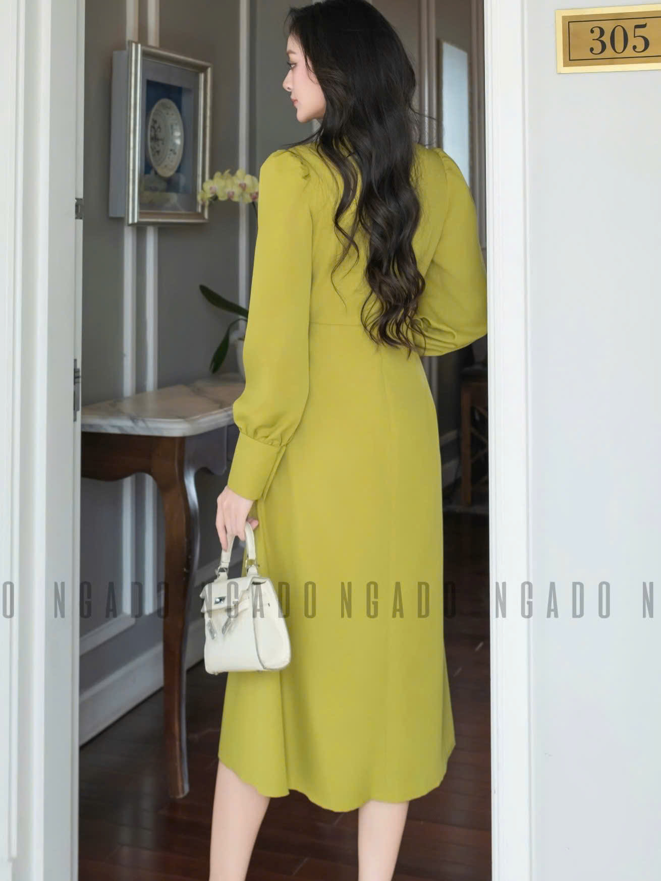 Đầm xanh bơ tay dài NGADO , đầm công sở , đầm dự tiệc