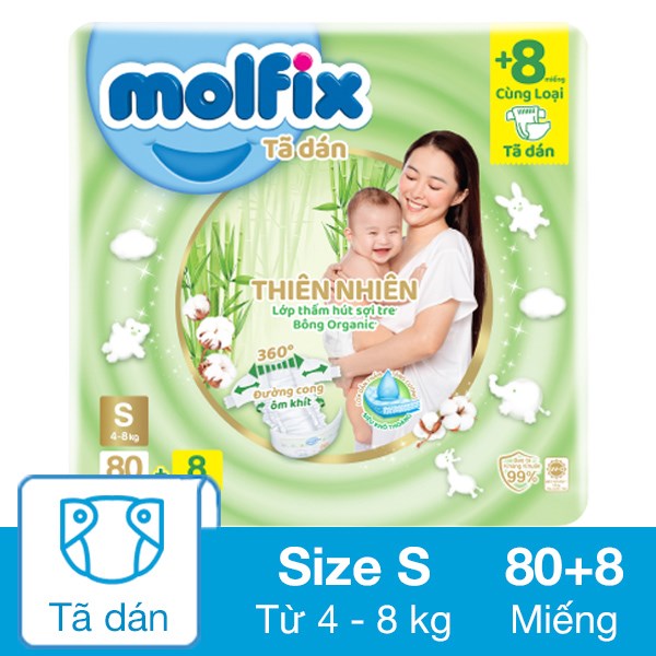 Tã/bỉm dán Molfix Thiên nhiên Jumbo S80 (4kg - 8kg) - Gói 80 miếng