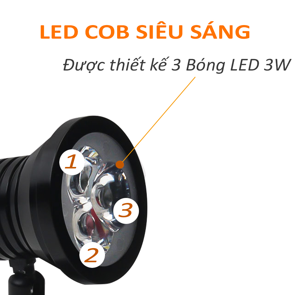 Đèn rọi Tủ kính trung bày sản phẩm 3 bóng Led 3W, Ánh sáng vàng chiếu điểm, Thân đèn Kim loại xoay 360°