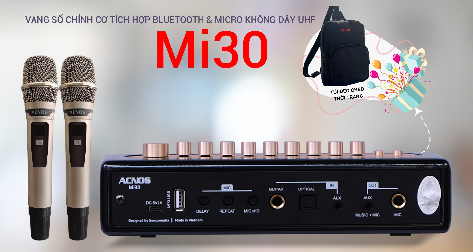 Vang số chỉnh cơ Acnos Mi30 – Kết hợp 2 micro không dây UHF – Đầy đủ kết nối bluetooth, Optical (cổng quang), AUX – Thiết kế nhỏ gọn, sử dụng nguồn 5V dễ dàng di chuyển mọi nơi – Kết nối dễ dàng với mọi thiết bị âm thanh – Hàng chính hãng