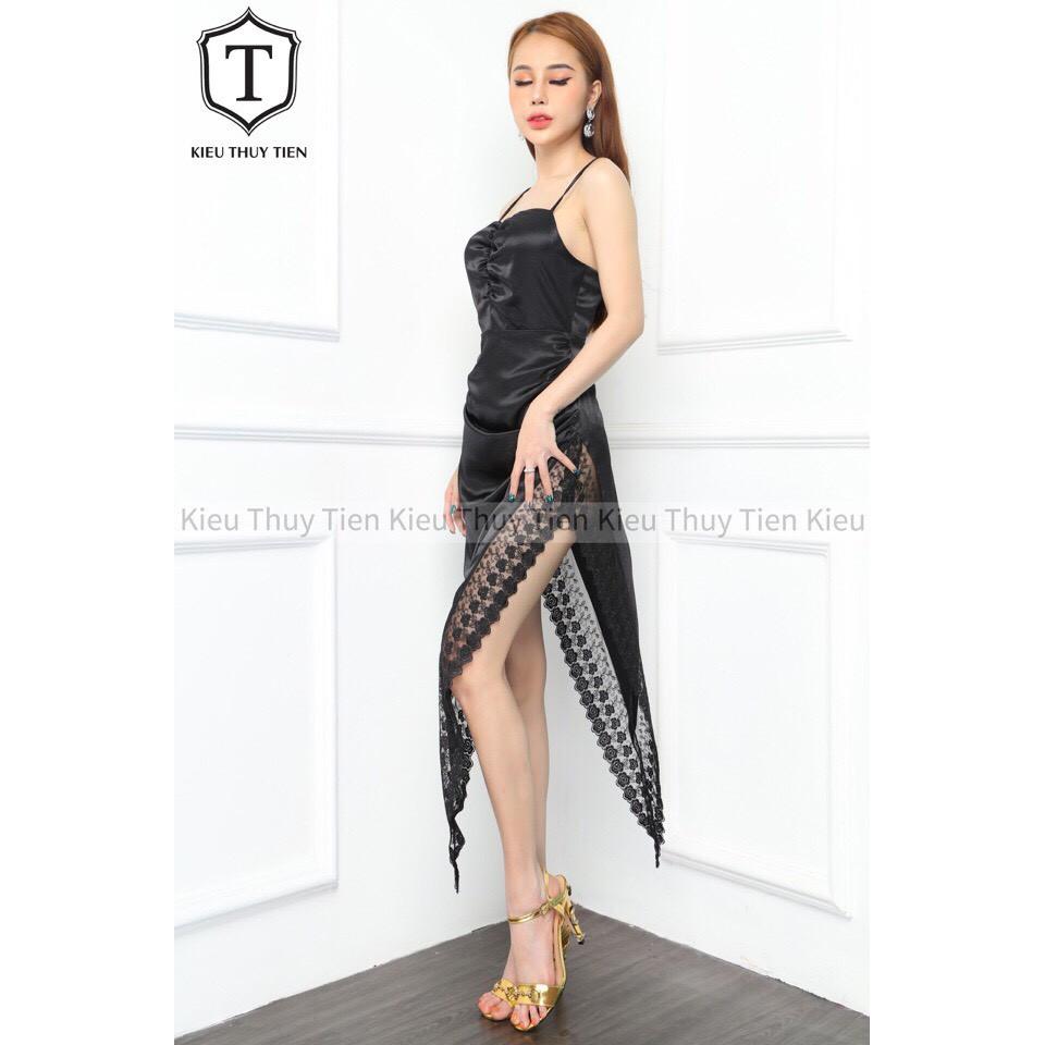 Đầm 2 dây phi lụa xẻ tà phối ren cực sexxy