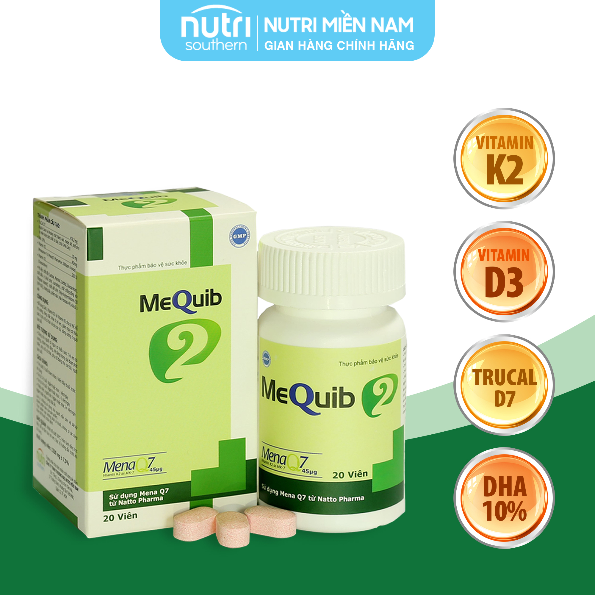 Viên ngậm Vitamin D3 K2 MK7 MenaQ7 và Canxi MEQUIB 2 - Giúp xương chắc khỏe, tăng cường phát triển chiều cao (hộp 20 viên)