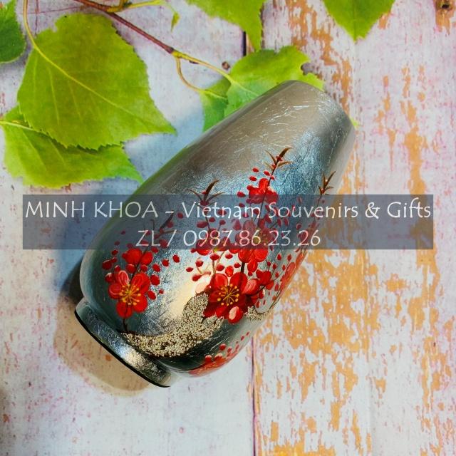 Bình Sơn Mài Lọ Hoa Quả Bầu Vẽ Hoa Đào Cẩn Trứng 17 cm - Vietnamese Lacquer Vase