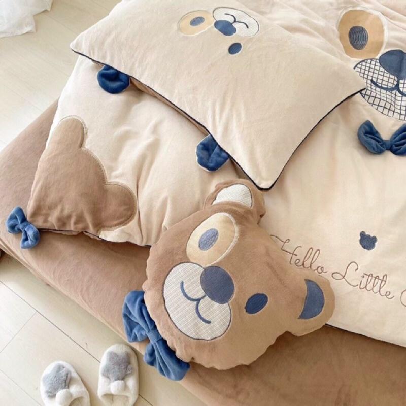Bộ ga gối vỏ chăn nỉ nhung sữa cao cấp 4 món tặng kèm gối gấu như ảnh