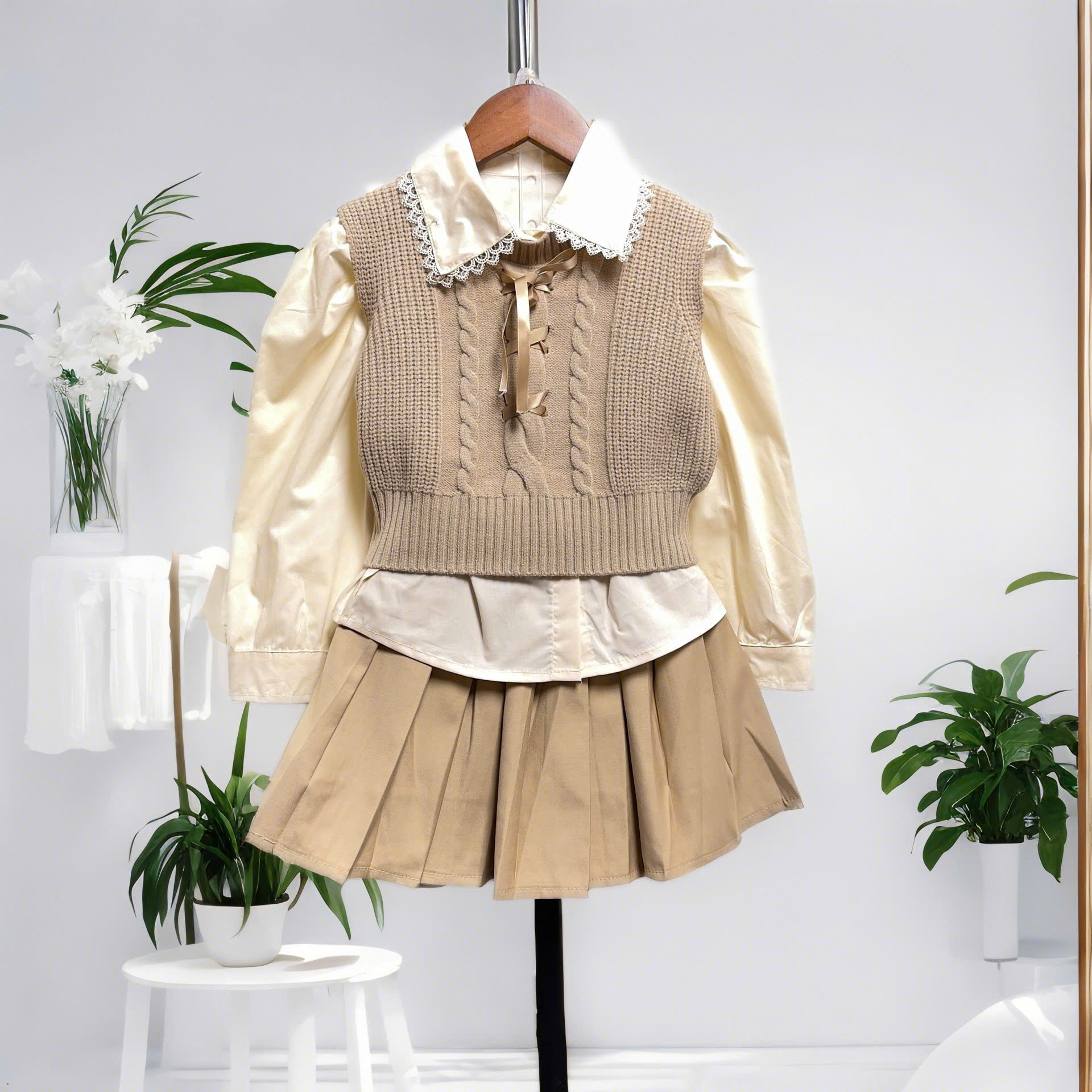 Set váy cho bé gái 3 chi tiết 4-10 tuổi cổ đính đá lấp lánh phong cách Hàn Quốc kiểu dáng thời trang