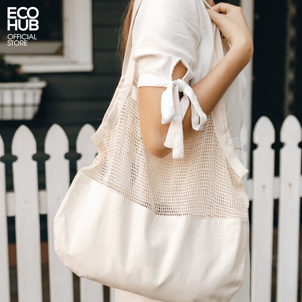 Túi đeo vai ECOHUB bằng vải phong cách màu be thích hợp đi chợ, mua sắm, dạo chơi trên đường phố