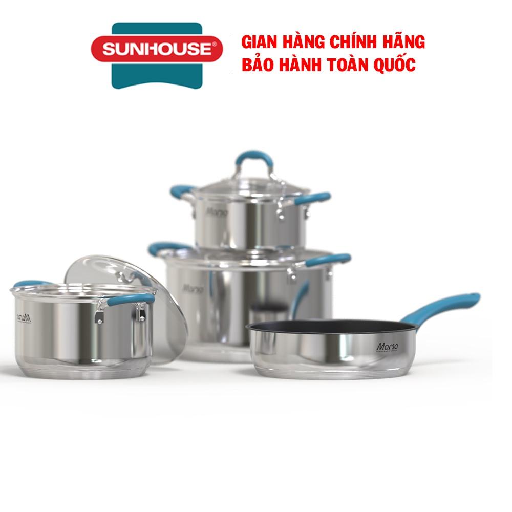 Bộ nồi chảo Inox 5 đáy Sunhouse MAMA SHG506, Bộ nồi gồm 4 món, Chất liệu inox 304 cao cấp, Xuất xứ Việt Nam