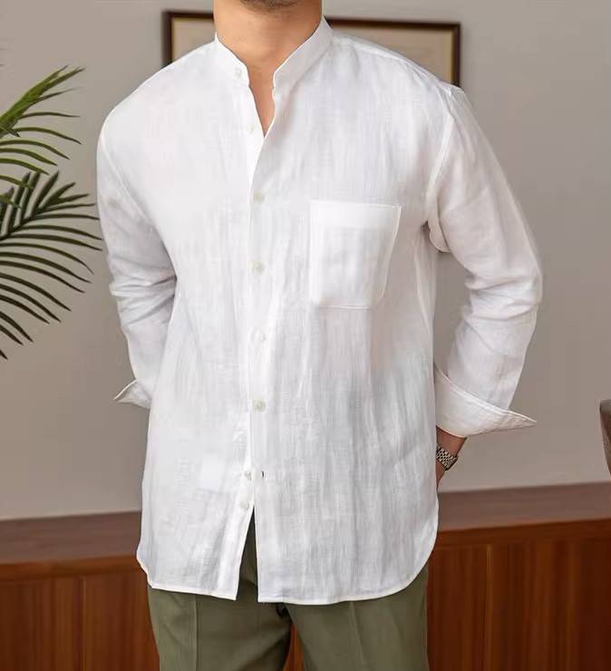 Áo sơ mi Linen dài tay nam cao cấp thiết kế cổ trụ phối cúc 1 túi ngực vải thoáng mát không bai gião MS05