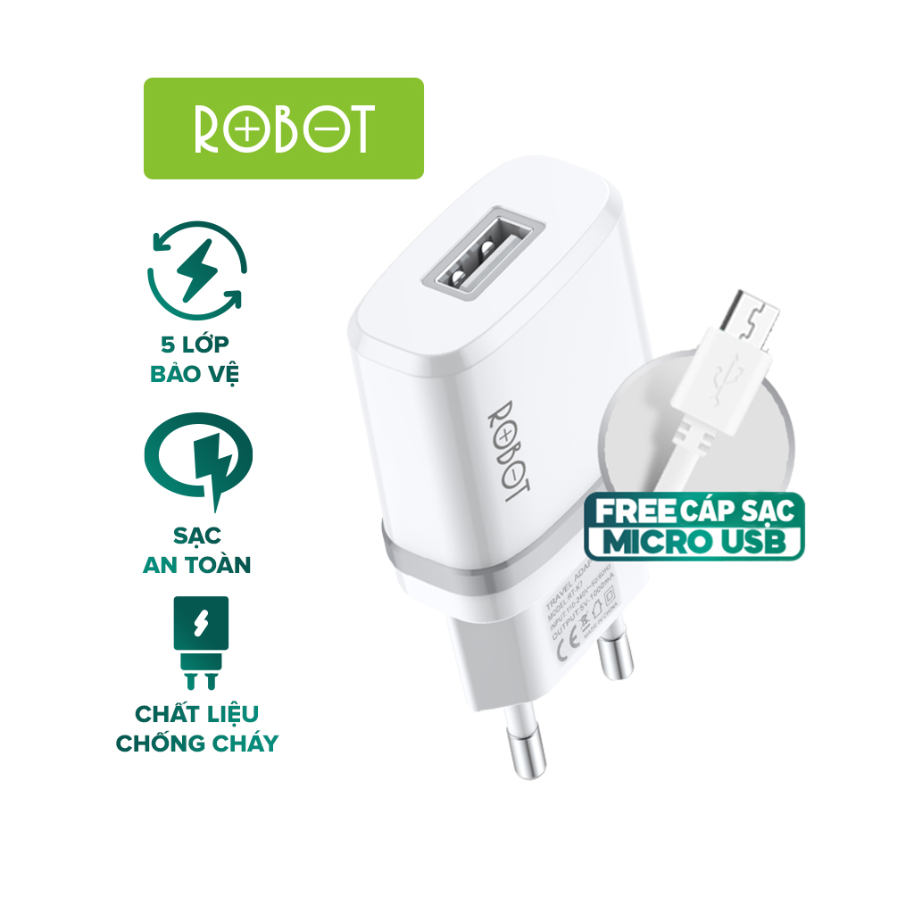 Củ Sạc ROBOT RT-K9 2 Cổng Sạc USB Kèm Cáp Sạc Micro 2.1A - Hàng Chính Hãng Bảo hành 12 tháng