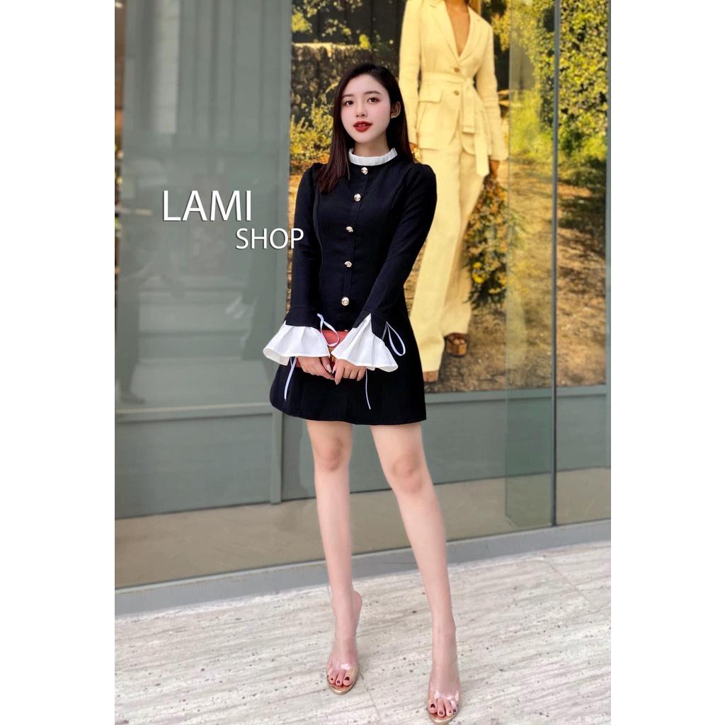 Đầm váy nữ tay dài phối bèo, cổ tròn đính nút form dáng xòe sang chảnh dành cho các nàng đi dự tiệc, dạo phố