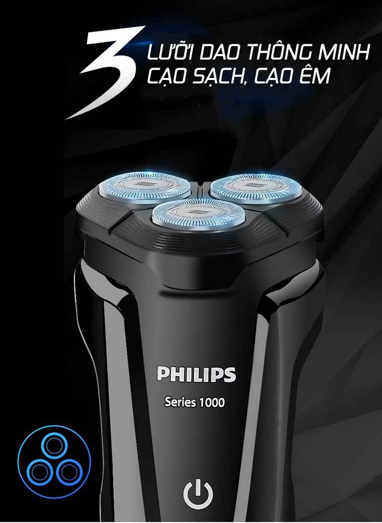 Máy cạo râu khô và ướt 3 lưỡi Philips S1010, sử dụng pin NiMH, đầu cắt chống nước dễ dàng vệ sinh- Hàng chính hãng