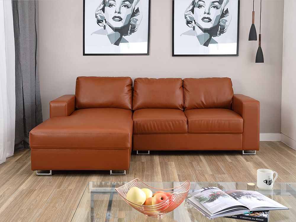 Ghế sofa giường góc chữ L phải POLLY khung gỗ chân thép, đệm bọc da PVC cao cấp màu nâu | Index Living Mall - Phân phối độc quyền tại Việt Nam