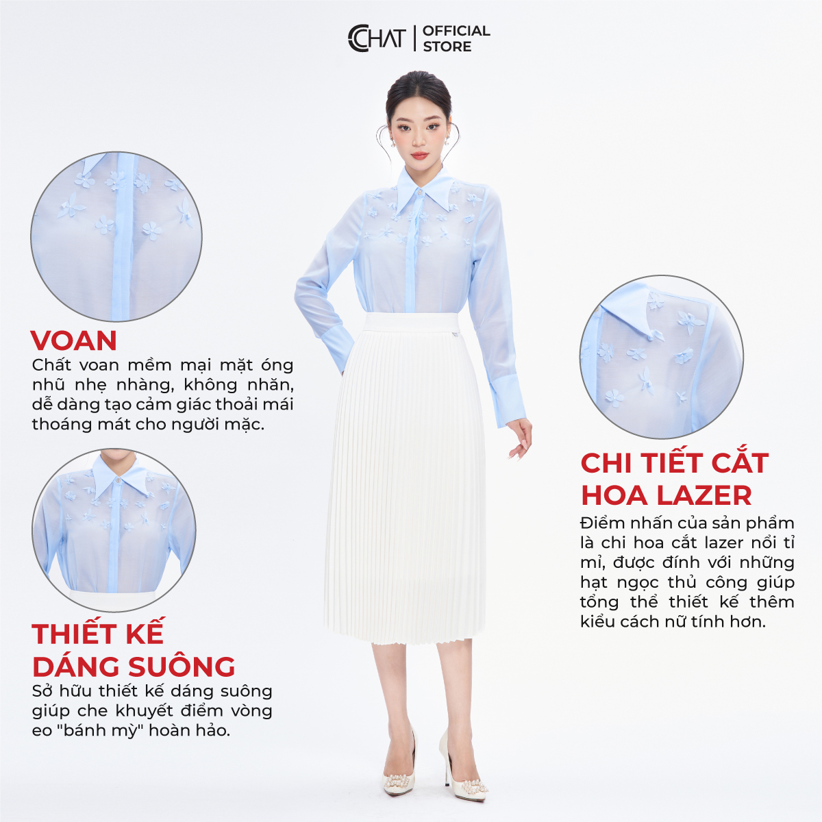 Áo Sơ Mi Nữ  Kiểu Cổ Đức Đính Hoa Trang Trí Chất Voan Cao Cấp 53FDV9001ST