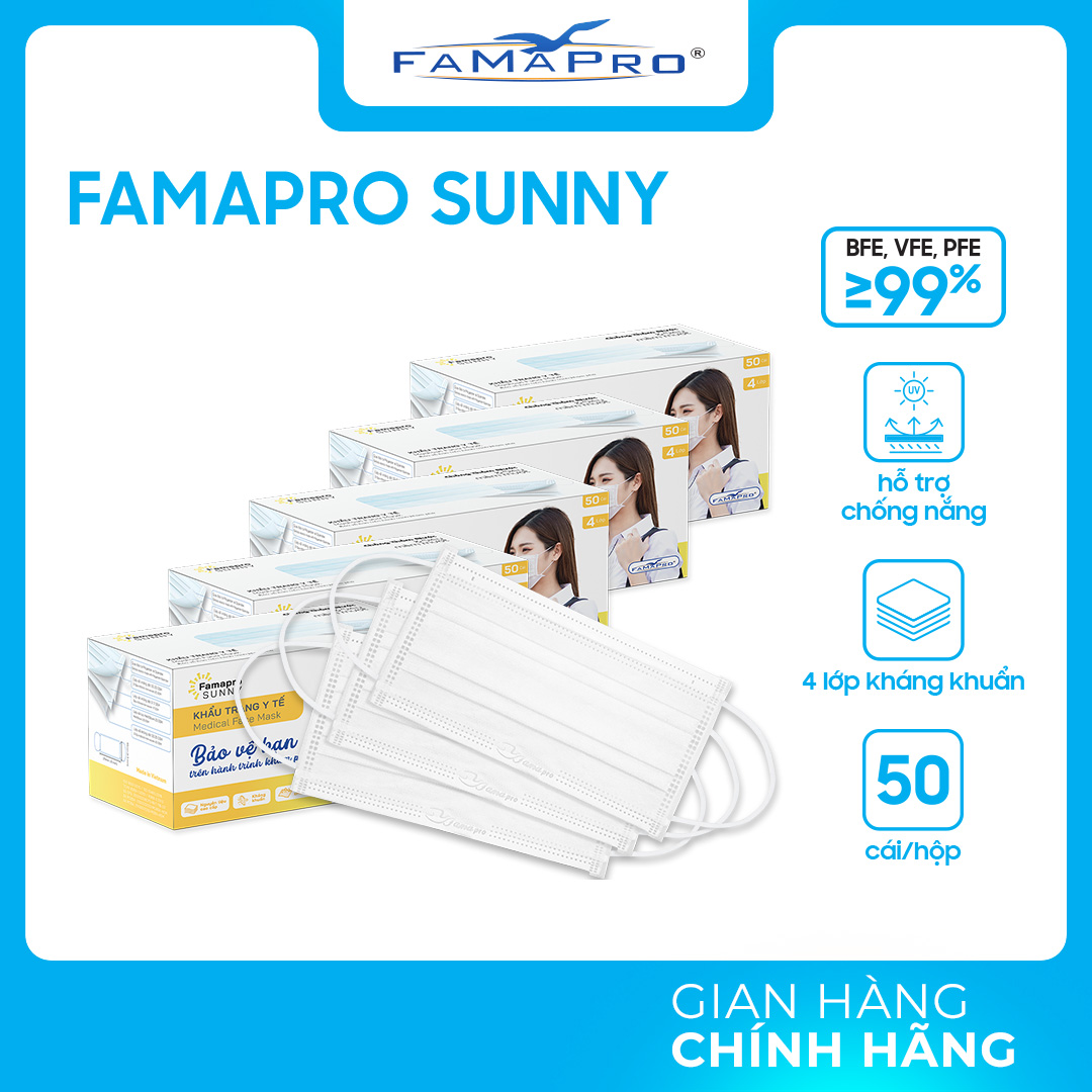 HỘP – FAMAPRO SUNNY – Khẩu trang y tế kháng khuẩn 4 lớp Famapro SUNNY 50 cái hộp – TRẮNG – COMBO 5 HỘP