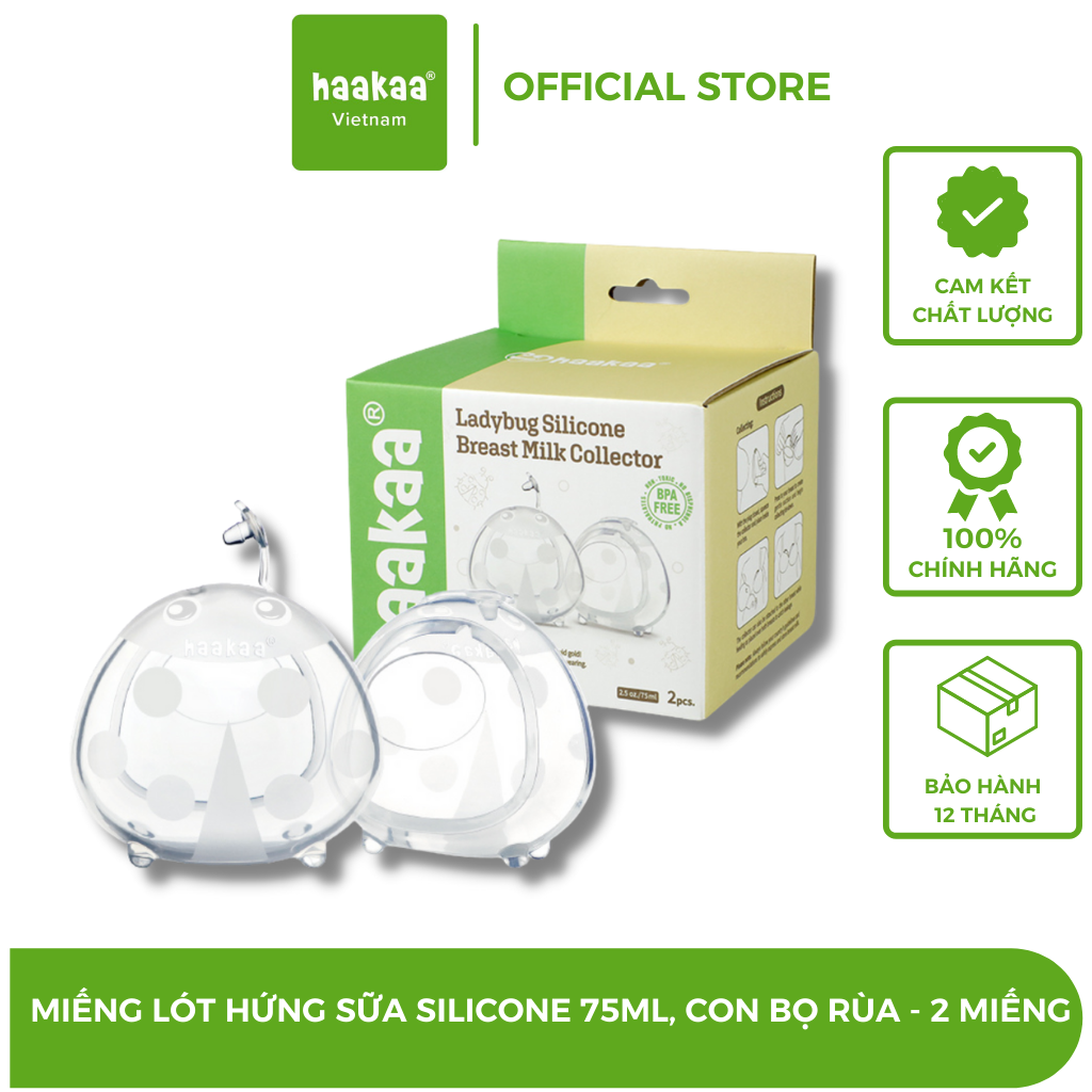 Miếng lót hứng sữa con bọ rùa HaaKaa. Dung tích 40ml và 75ml. Chất liệu silicone cao cấp, an toàn. Không chứa BPA, PVC và phthalate