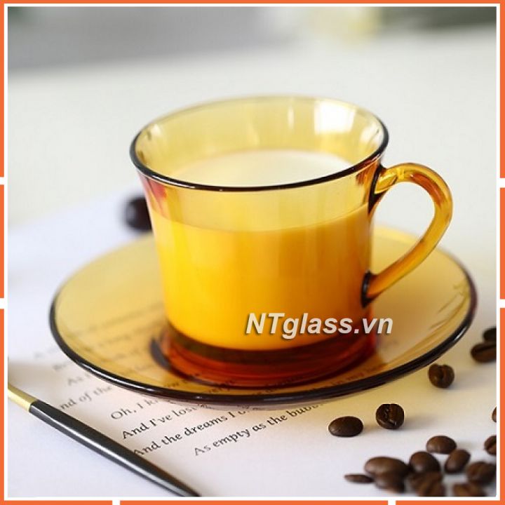 Bộ tách kèm dĩa Vàng Amber 220 ml  Thủy tinh cường lực cao cấp Pháp