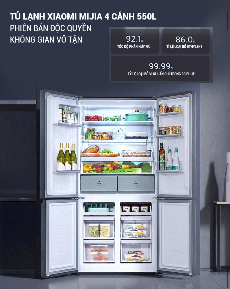 [Chỉ Giao Bên Ngoài Quá Cồng Kềnh ] Tủ Lạnh 4 Cánh Xiaomi Mijia 550L Siêu Tiết Kiệm Điện – Làm Lạnh 3 Chiều, Có Ngăn Đồng Mềm, Kết Nối App Mihome - Hàng Nhập Khẩu