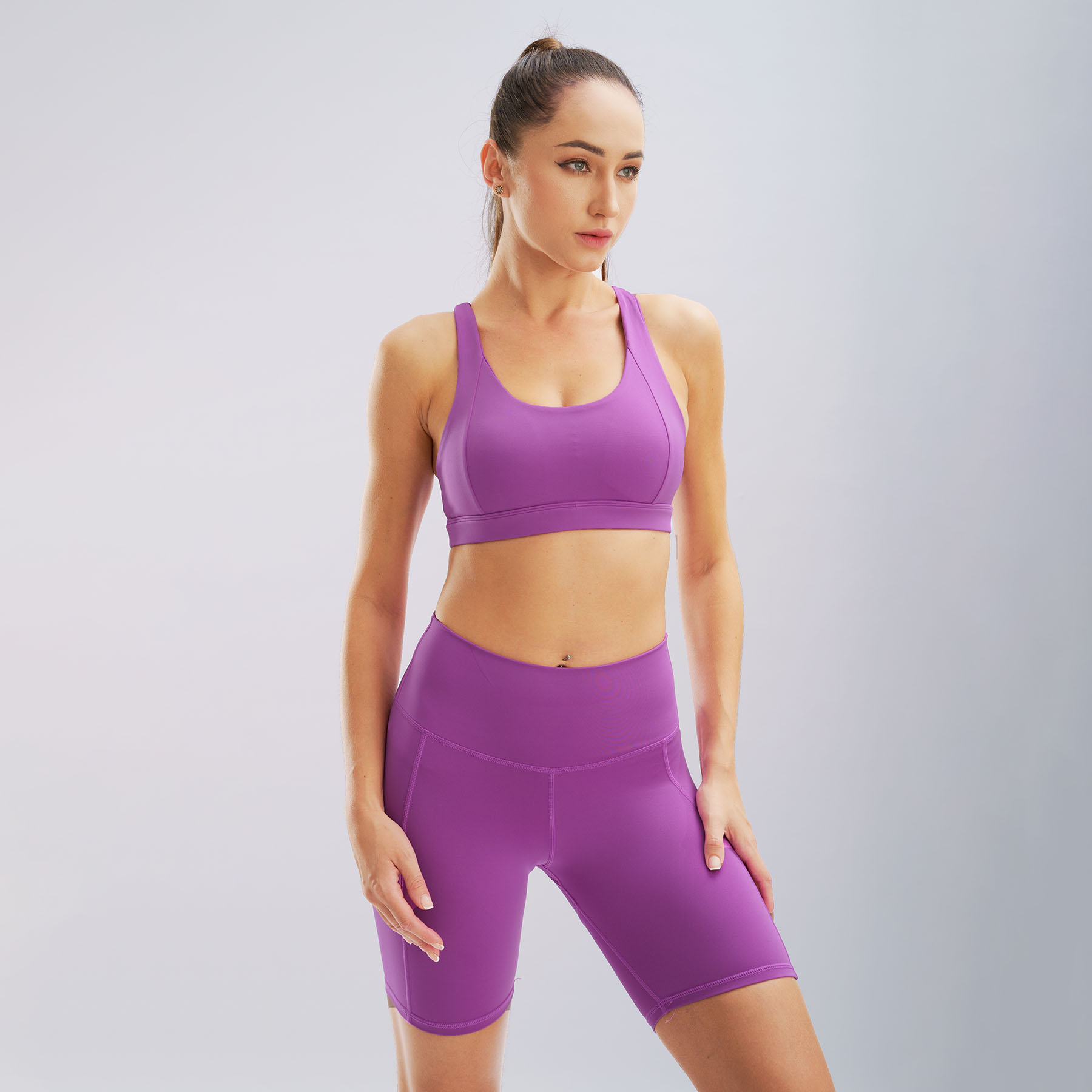 Set đồ tập yoga gym Luxury Hibi Sports H143, quần đùi lưng cao màu Tím kèm mút ngực, vải cao cấp Lu Fabric