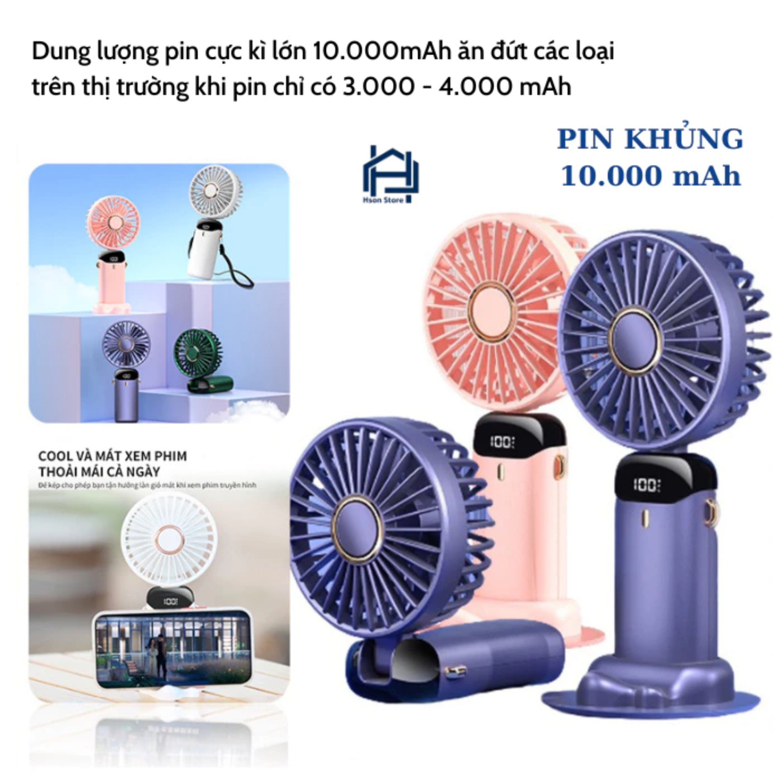 Quạt mini cầm tay TEKKIN pin khủng 10000 mah gấp gọn 5 cấp độ gió linh hoạt - hàng nhập khẩu